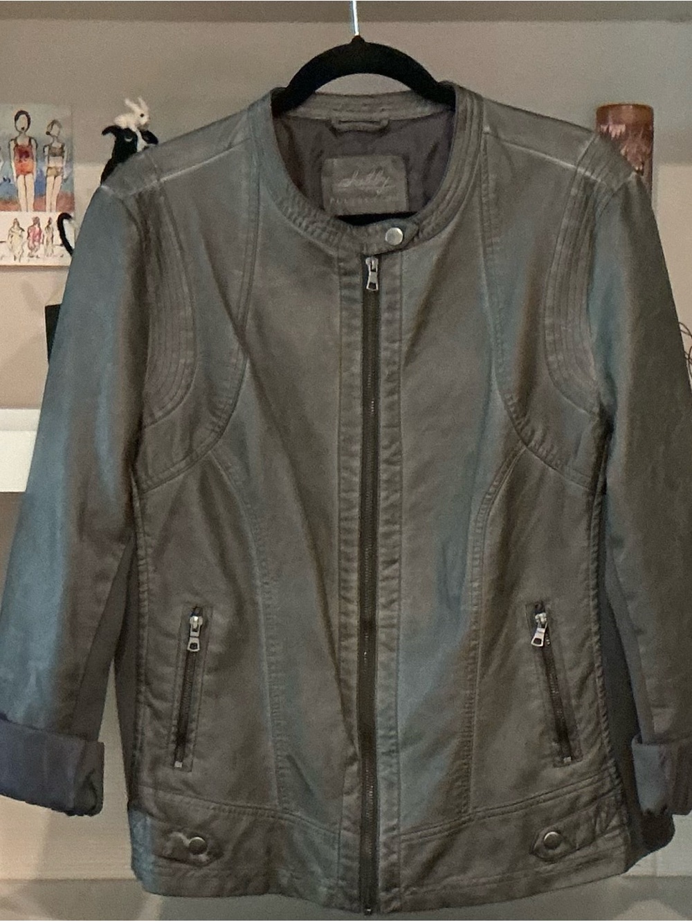 SEBBY COLLECTION Brown/Gray/Pewter Moto Leather-Like Jacket - XXL